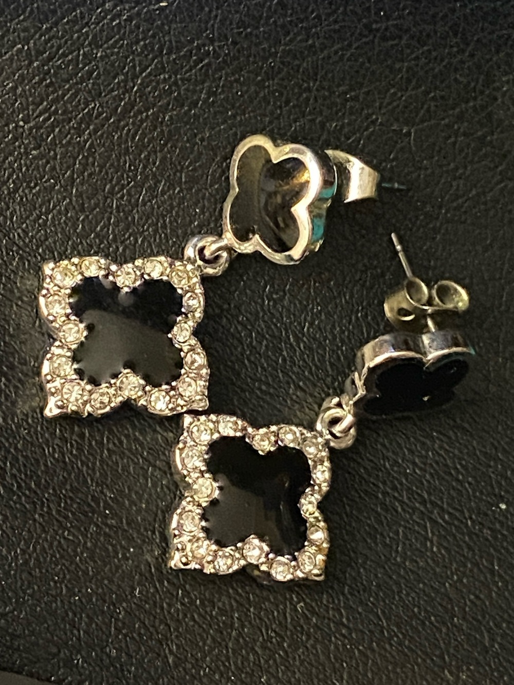 Elegant Black Clover Drop Earrings with Crystal Halo